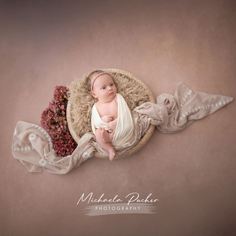 Ein Baby liegt wach in einem runden Körbchen auf weichem Fell, eingewickelt in ein cremefarbenes Tuch; daneben liegen getrocknete Hortensien und ein besticktes beigefarbenes Tuch, alles auf rosigem Hintergrund.